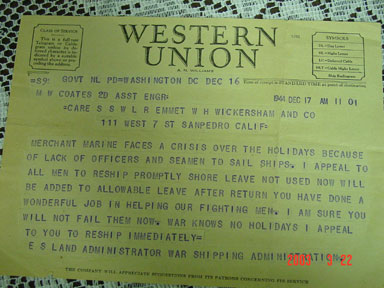 Telegram dated December 17, 1944